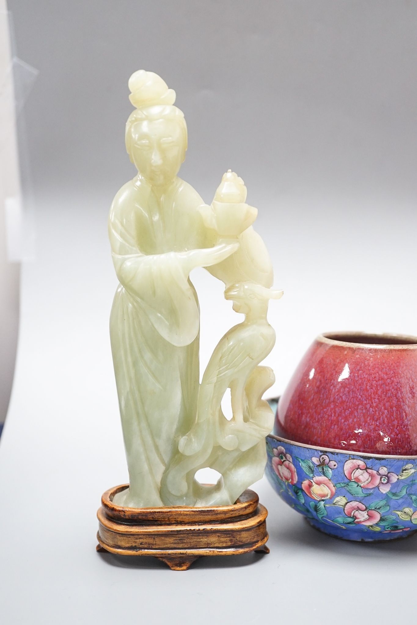 A Chinese bowenite jade figure of a lady, a Canton enamel bowl and a Jun type bud vase, tallest 20 cm high